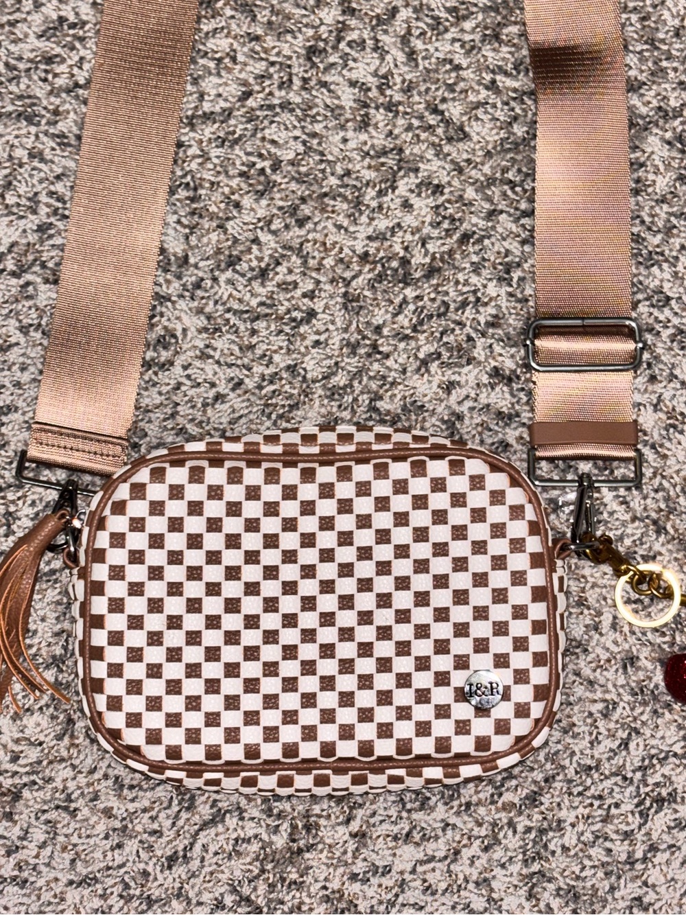 Women’s Checker Crossbody Bag in Brown and White with Adjustable Strap